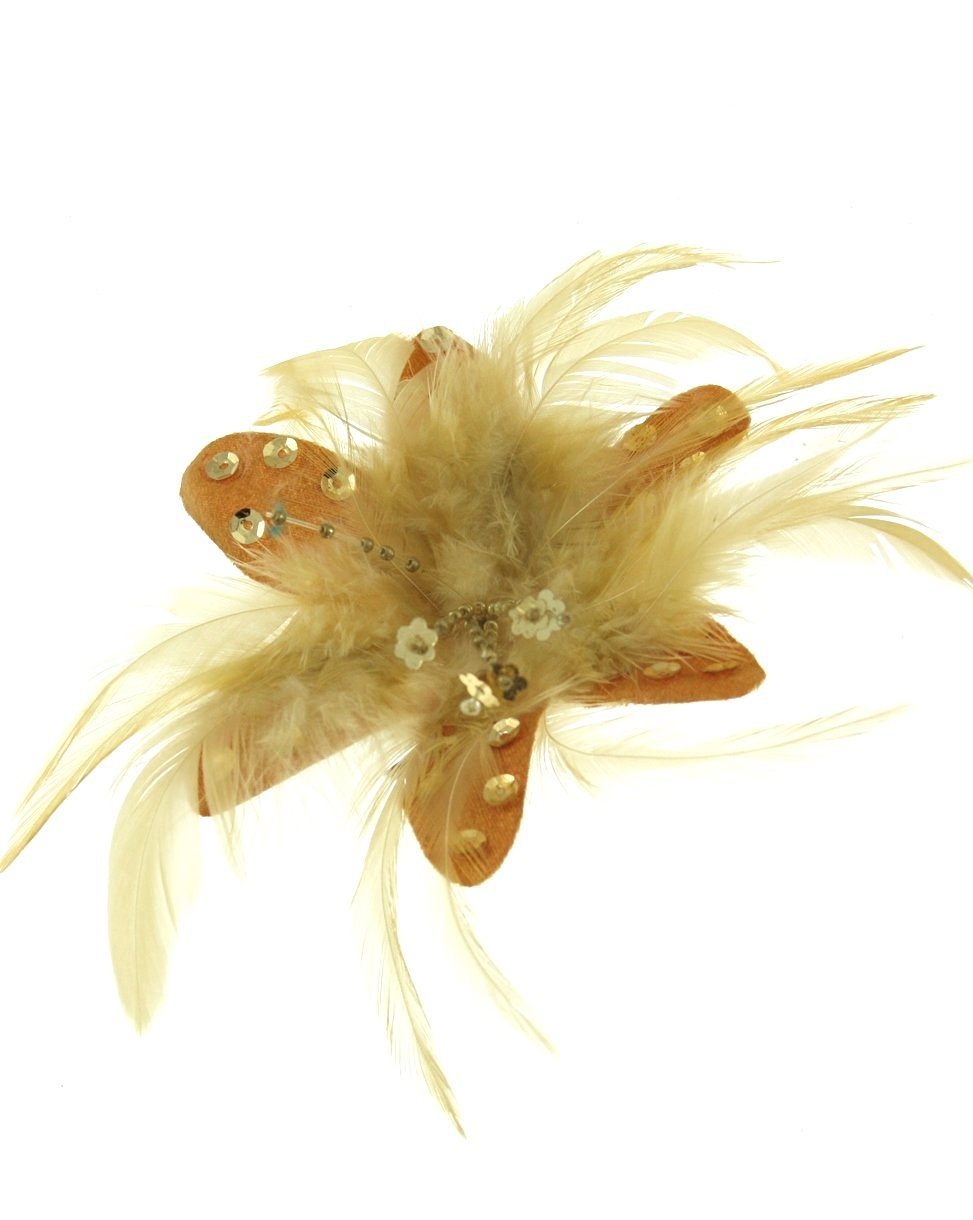 Zac's Alter Ego Girls Beige Fur, Feathers & Sequins Fascinator/Flower On Clip & Brooch Pin