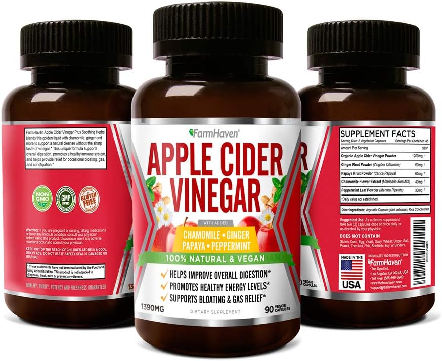 Apple Cider Vinegar Capsules with Ginger, Papaya & Chamomile | 1390mg | Improves Digestion, Energy, Immunity | Soothes Gas & Bloating Issues | Like with Mother | Non-GMO & 100% Natural | 90 Capsules