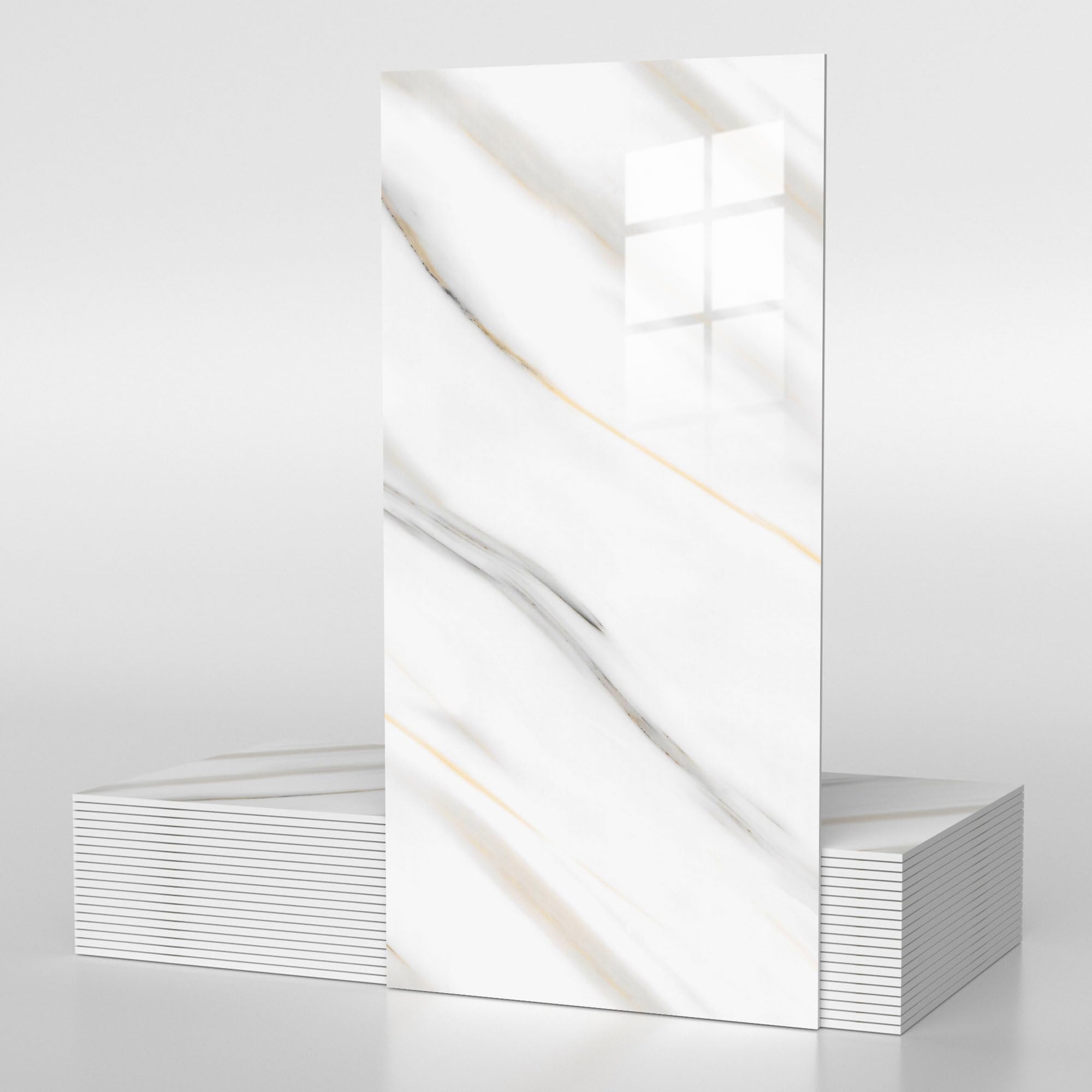 Vieshful 10 Pack 30 x 60 cm Self Adhesive Wall Tiles, Waterproof Back Splash Marble Stick on Tile Kitchen Bathroom, TV Walls, Living Room Gray White (Not Real Tiles)