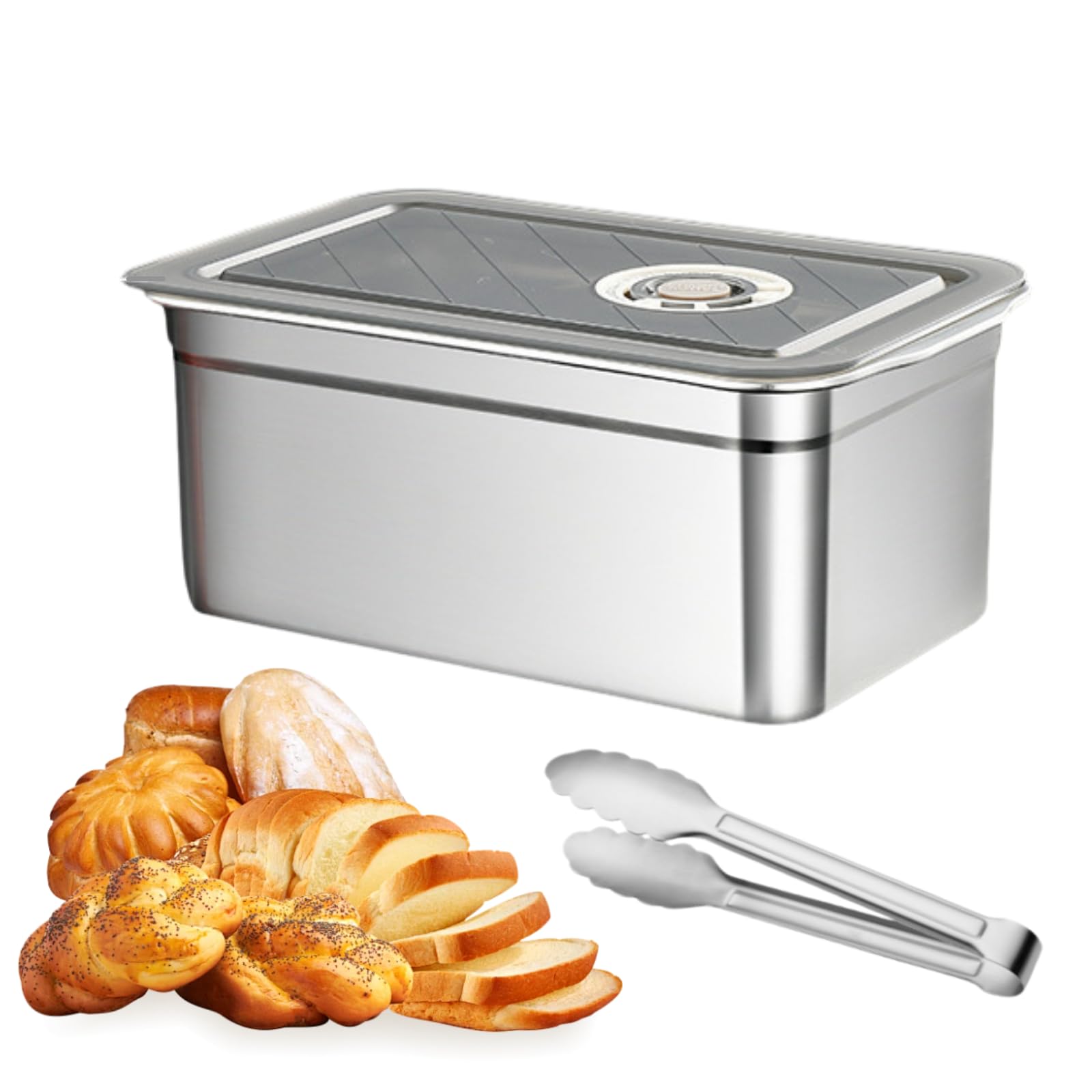 304 Stainless Steel Bread Box for Kitchen Countertop, Pizza Dough Proofing Box, 6L Bread Keeper for Homemade Cakes, Buns, Pastries, Pancakes ,Bread Container with Lids, Tongs, Time Recording