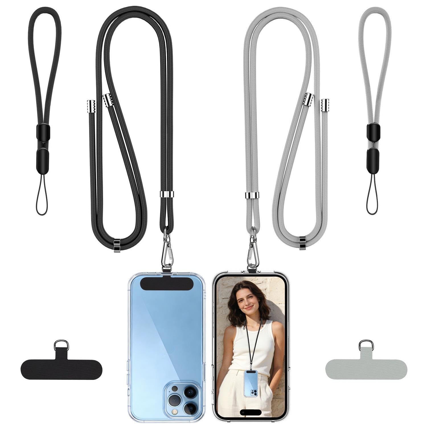 KixMalkinly Universal Phone Lanyard,2 Pcs Adjustable Nylon Neck Phone Strap Crossbody,2 Pcs Wrist Strap for Neck Strap Phone Lanyard and 4 Pcs Durable Patches Compatible with Most Smartphones