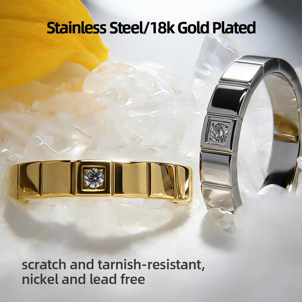 Neshat Stainless Steel/Gold Plated Band Rings for Women Men 3mm 4mm Width, Princess Cut/Wheat Pattern Wedding Bands Anniversary Ring Gifts for Her Him