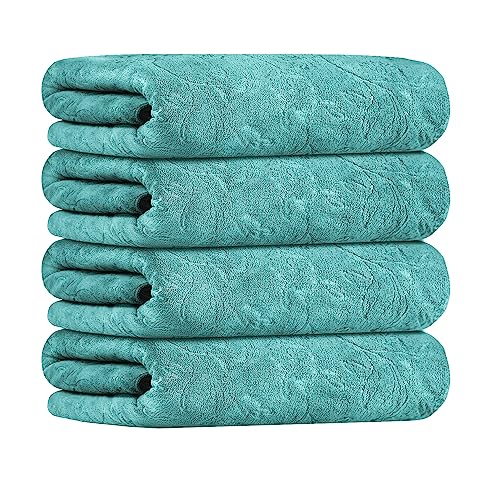 Image of JML Microfiber Bath Towels, Bath Towel 4 Pack(30 inch x 60 inch), Oversized, Soft, Super Absortbent and Fast Drying, Multipurpose Use for Sports, Fitness, Yoga, Green-Floral Embossed