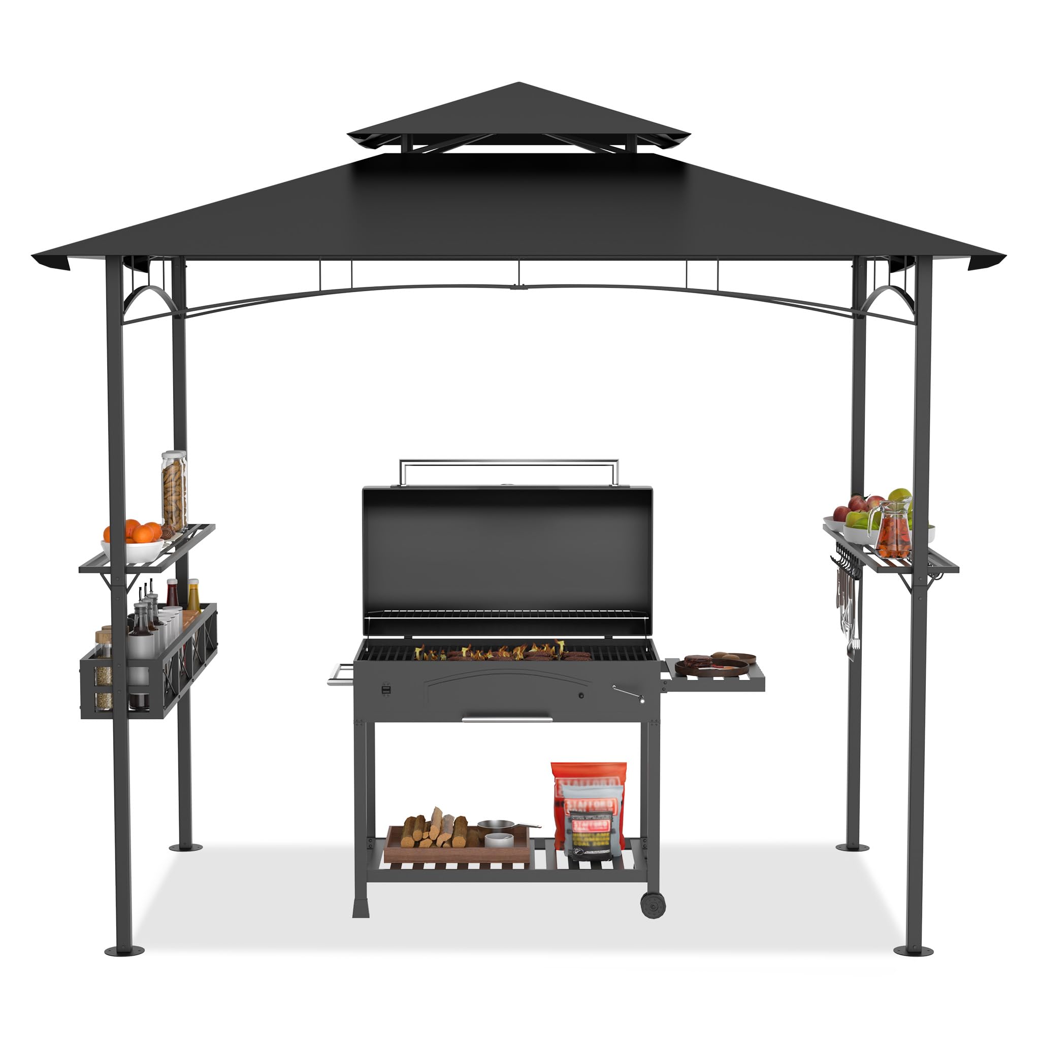 HENGMEI Grill Pavillon 2.45 x 1.53m, Grillpavillon Partyzelt Doppelstöckige Schutzabdeckung, Grillzelt Gartenpavillon Pergola mit Regalen und Ablagekörben für Party, Marktstand, Picknick (Schwarz)