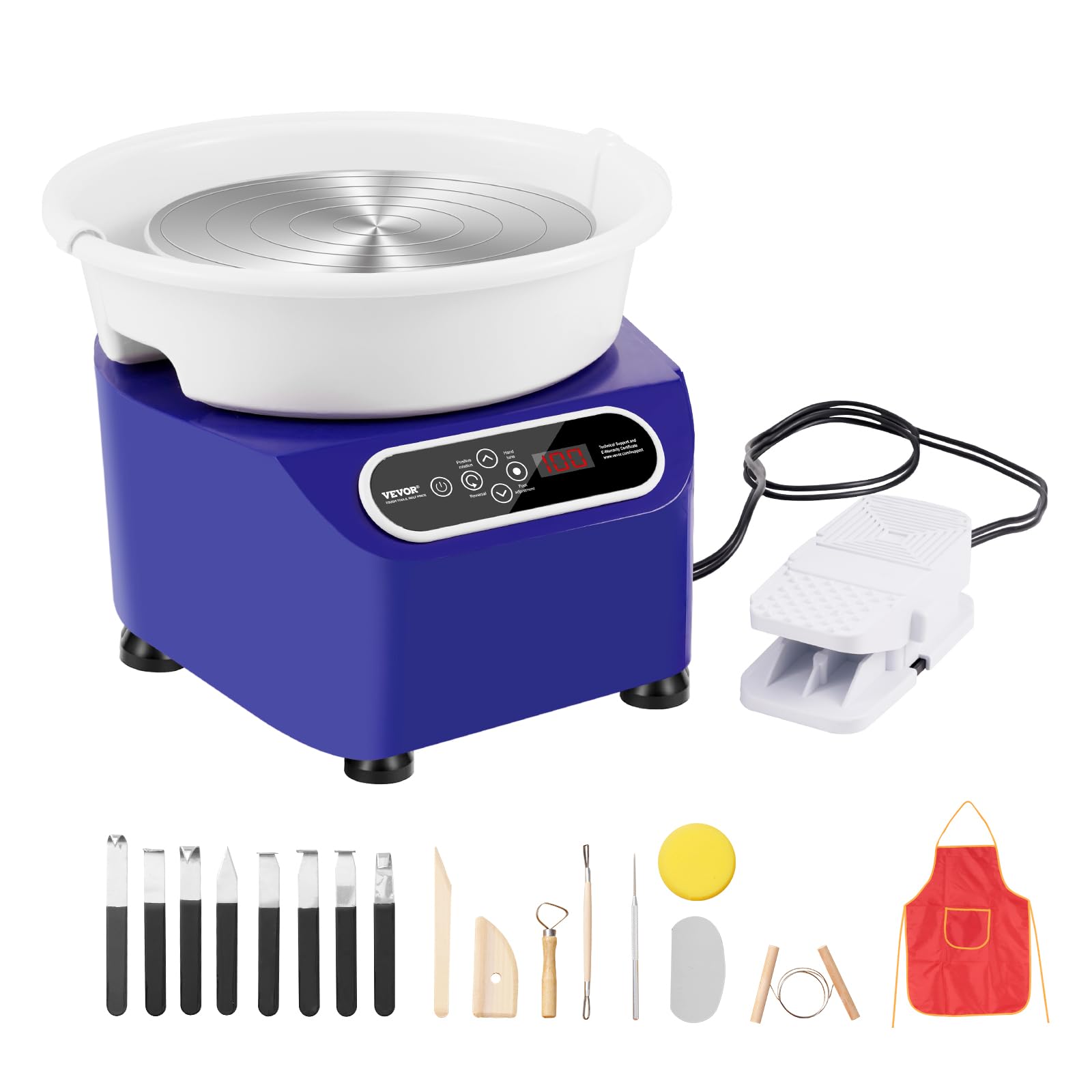 VEVOR Torno de Alfarería Eléctrico 280 mm 350 W con Pedal Pantalla Táctil LCD Mini Torno de Alfarería con 4 Patas de Soporte Rango de Velocidad de 50-300 rpm para Manualidades de Cerámica DIY, Azul