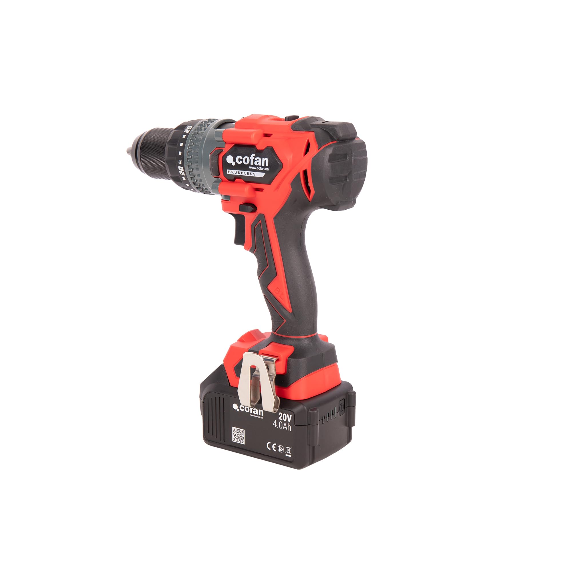 Cofan Taladro percutor a batería | Motor sin escobillas | Potencia: 20 V | Portabrocas 13 mm | 150 Nm, 2000 rpm | 2 velocidades | Percusión 30 000 BPM | Incluye accesorios | Batería y cargador incluid