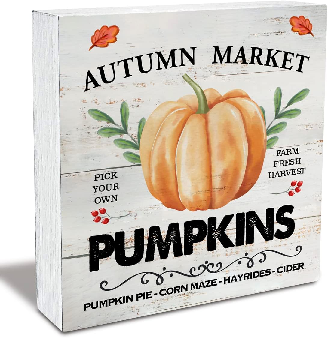 Rustic Autumn Market Pick Your Own Pumpkins Wood Box Sign Fall Pumpkin Autumn Wooden Box Sign Farmhouse Home Desk Shelf Decor (5 X 5 Inch)