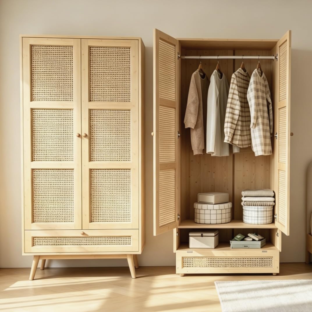 Armoire en Rotin à 3 Portes,Garde-Robe et Tringle à VêTements,Dressing Rangement Placard,Style Bohème,pour Chambre à Coucher,Couloirs,Salon