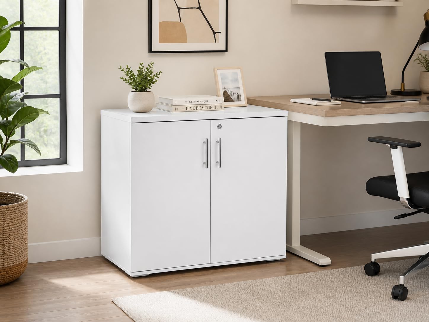 Ufficio Bianco Armadio Armadio scrivania 2 Ante libreria con Serratura Altezza 73 cm Estensione scrivania Altezza