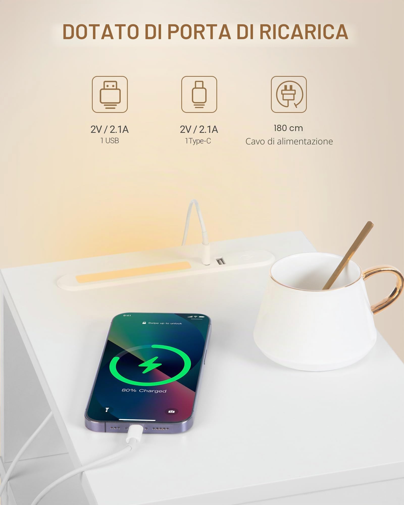 Hzuaneri set da 2 Comodino, tavolino stretto con illuminazione a LED, 1 porta USB-A, 1 porta USB-C, comodino con scomparto laterale aperto, per camera da letto, soggiorno, Bianco-Oro NS00603G