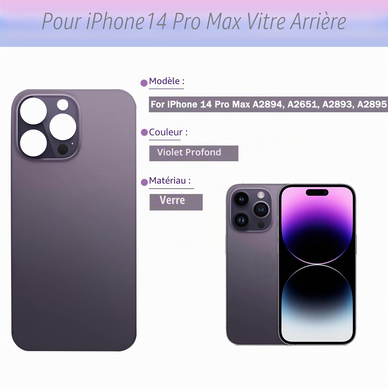 14 Pro Max Verre arrière de Rechange pour iPhone 14 Pro Max 6,7" avec kit d'outils Repar, Violet foncé
