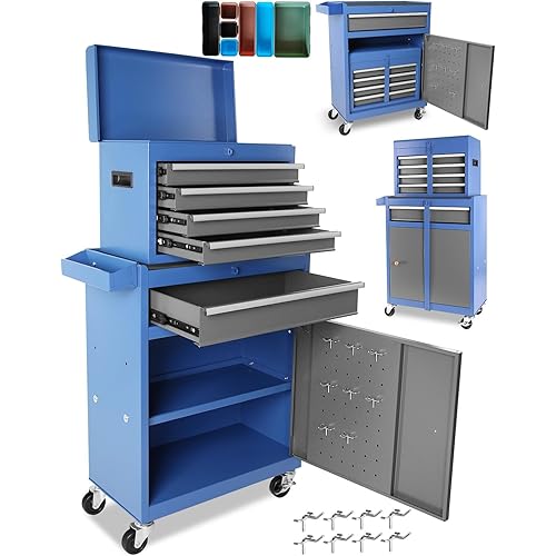 5-Drawer Steel Tool Chest with wheels and drawers, 2-in-1 Heavy Duty Rolling Tool Cabinet with Detachable Storage Box, Lockable Wheels & Anti-Slip Liners, Adjustable Shelf for Garage, Workshop