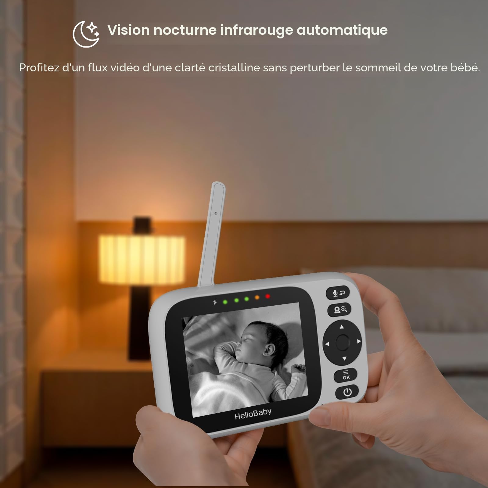 HelloBaby Babyphone Camera, 3,2’’ Écran IPS, Caméra de surveillance bébé, Babyphone sans WiFi, Audio bidirectionnel, Vision nocturne, ECO, Surveillance de température, 8 Berceuses, 305 mètres (HB6339)