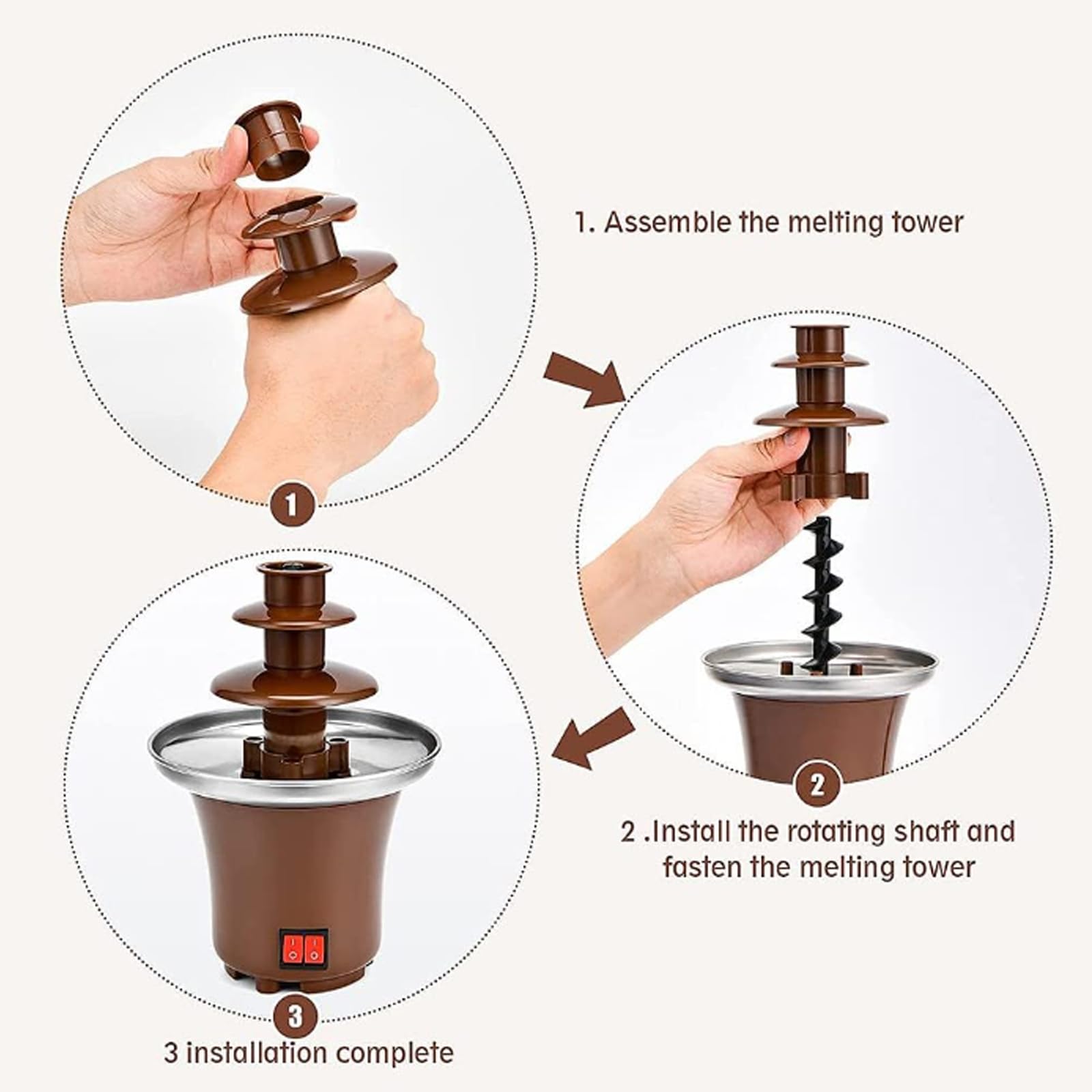 Máquina de cascada con fuente de chocolate de 3 capas, funcionamiento eléctrico silencioso, torre de fusión de chocolate para el hogar, acero inoxidable apto para uso alimentario + PC