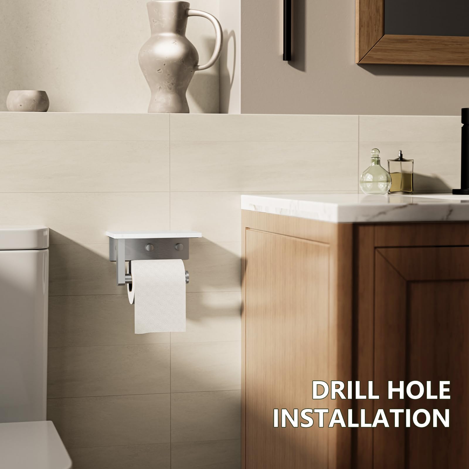 Brushed Nickel Marble Toilet Paper Holder with Shelf Wall Mount — Amazon image 7