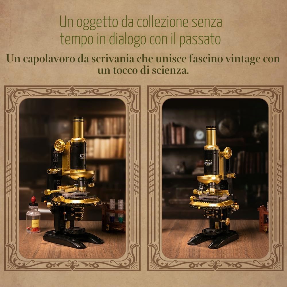 PANTASY - Kit di costruzione per microscopio retrò, per adulti, modello di strumenti scientifici antichi con design meccanico, finitura in ottone e accessori da laboratorio, set di mattoni da