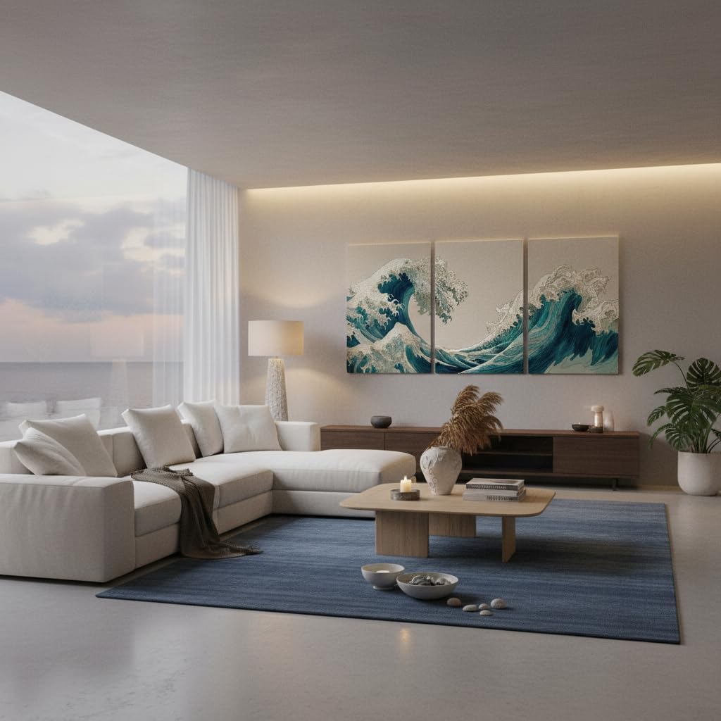 TEOVGKN 3Pcs Japanese The Great Wave Canvas Wall Art, Ukiyo-e Ocean Waves Pictures, Zen Blue Abstract Seascape Posters for Bedroom Bathroom Office Decor, FRAMED READY TO HANG (12x16 in)