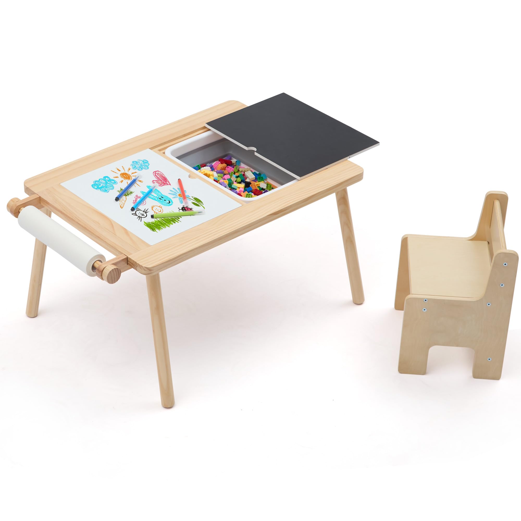 Sensory Table and Chair for Toddlers 2-8, Wood Kids Activity Table with Storage Bins, Toddler Play Table with Roll Holder for Drawing Paper, Kids Art Tables with Double-Sided Graffiti