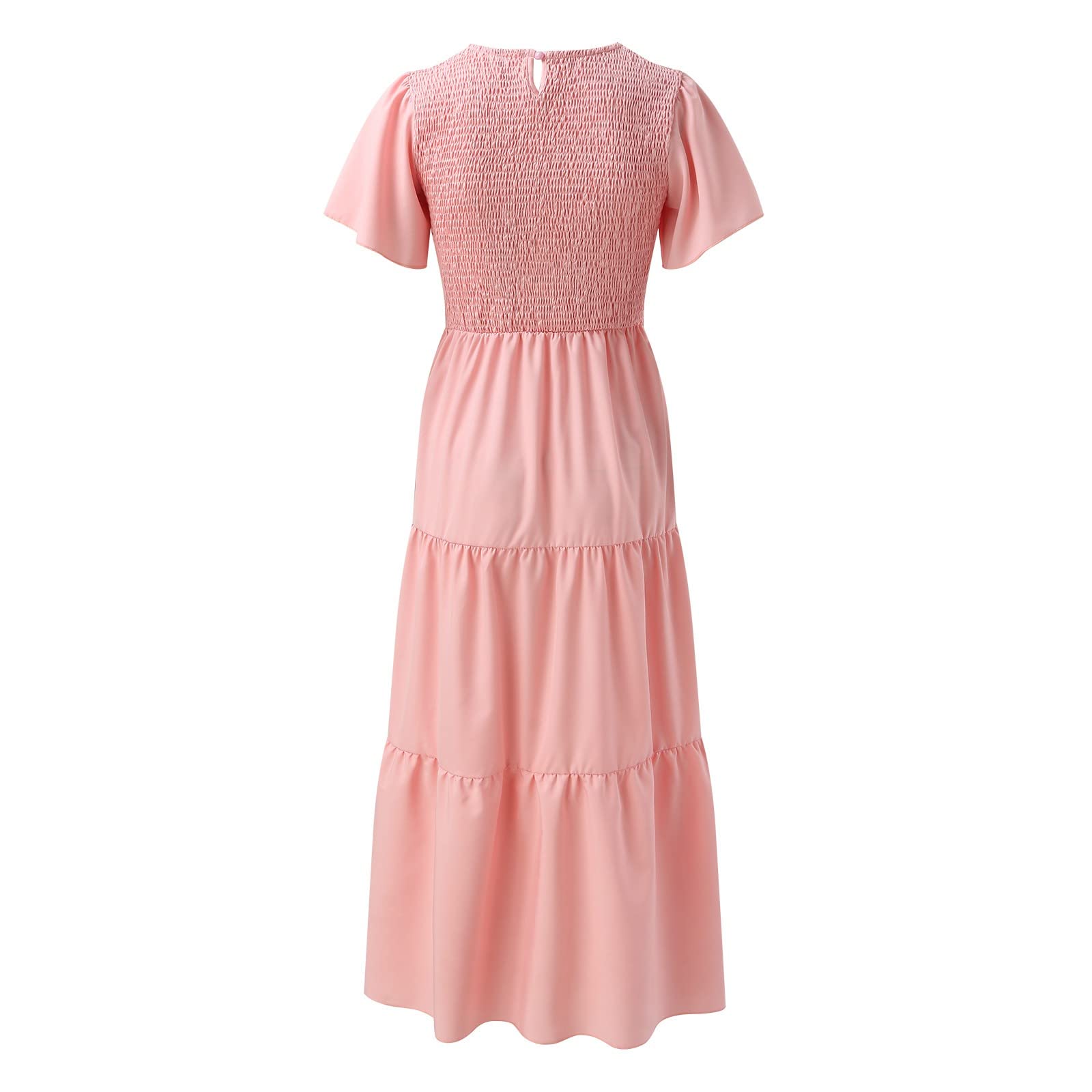 Trajes de verano para mujer, casual, de manga corta, cuello en V, cintura elástica, escalonado, vestido midi elegante e informal