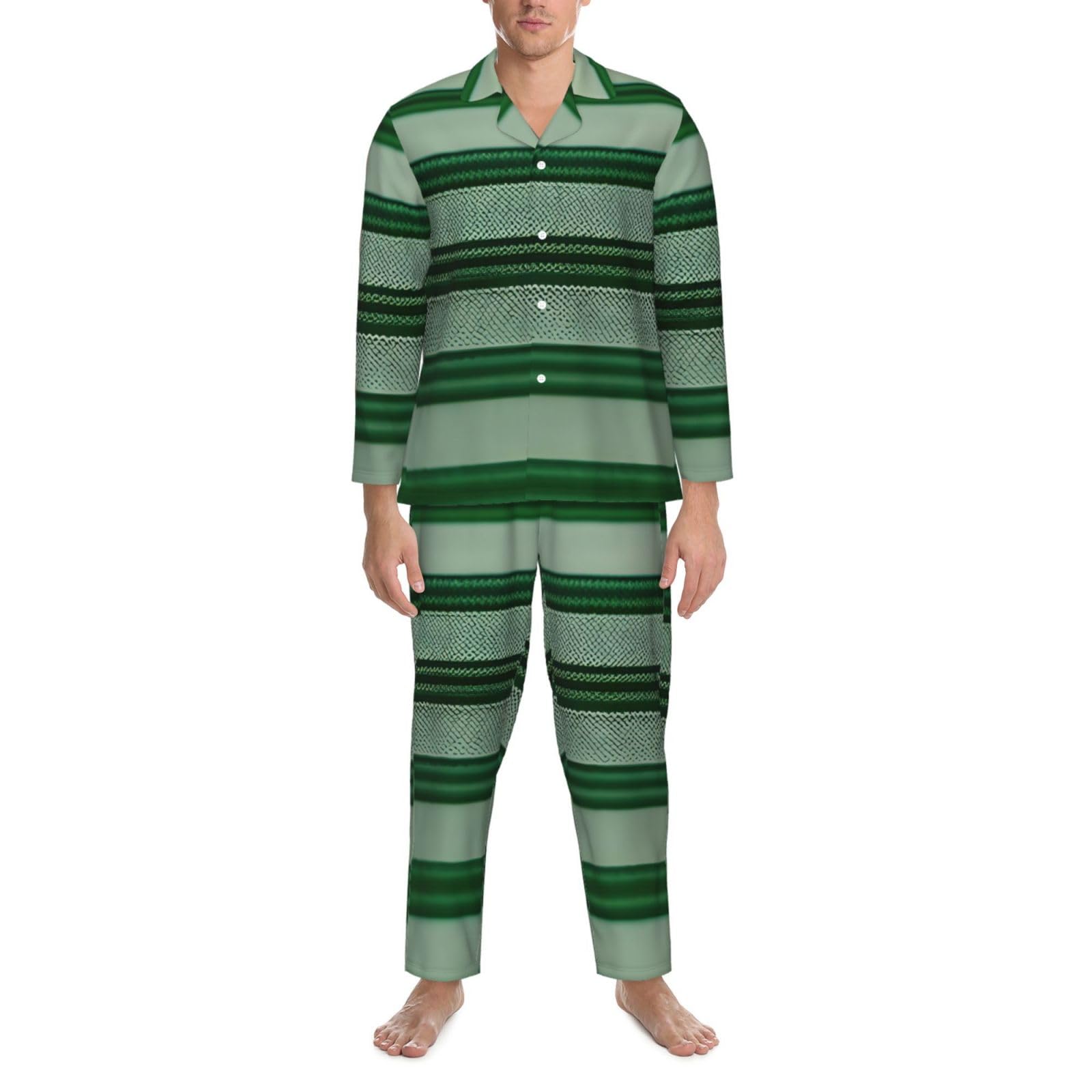 Herren-Pyjama-Set, langärmelig, gestreift, zweiteilig, bequem, Nachtwäsche, Grün