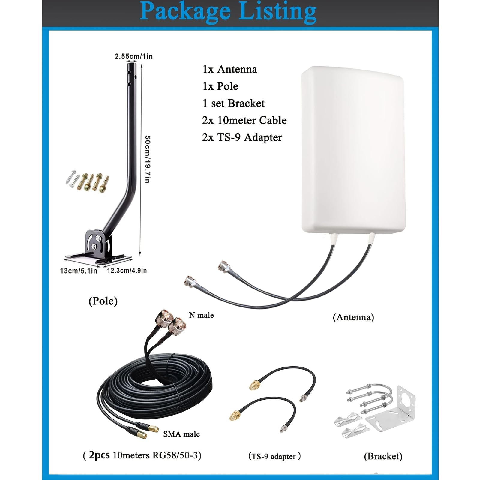 Antenna a pannello direzionale per esterni 5G/4G/LTE/WiFi/2x2 MIMO per router 4G LTE 5G Verizon AT & T Sprint T-Mobile Home Internet con cavo TS9 SMA J-Mount Pole (kit completo)