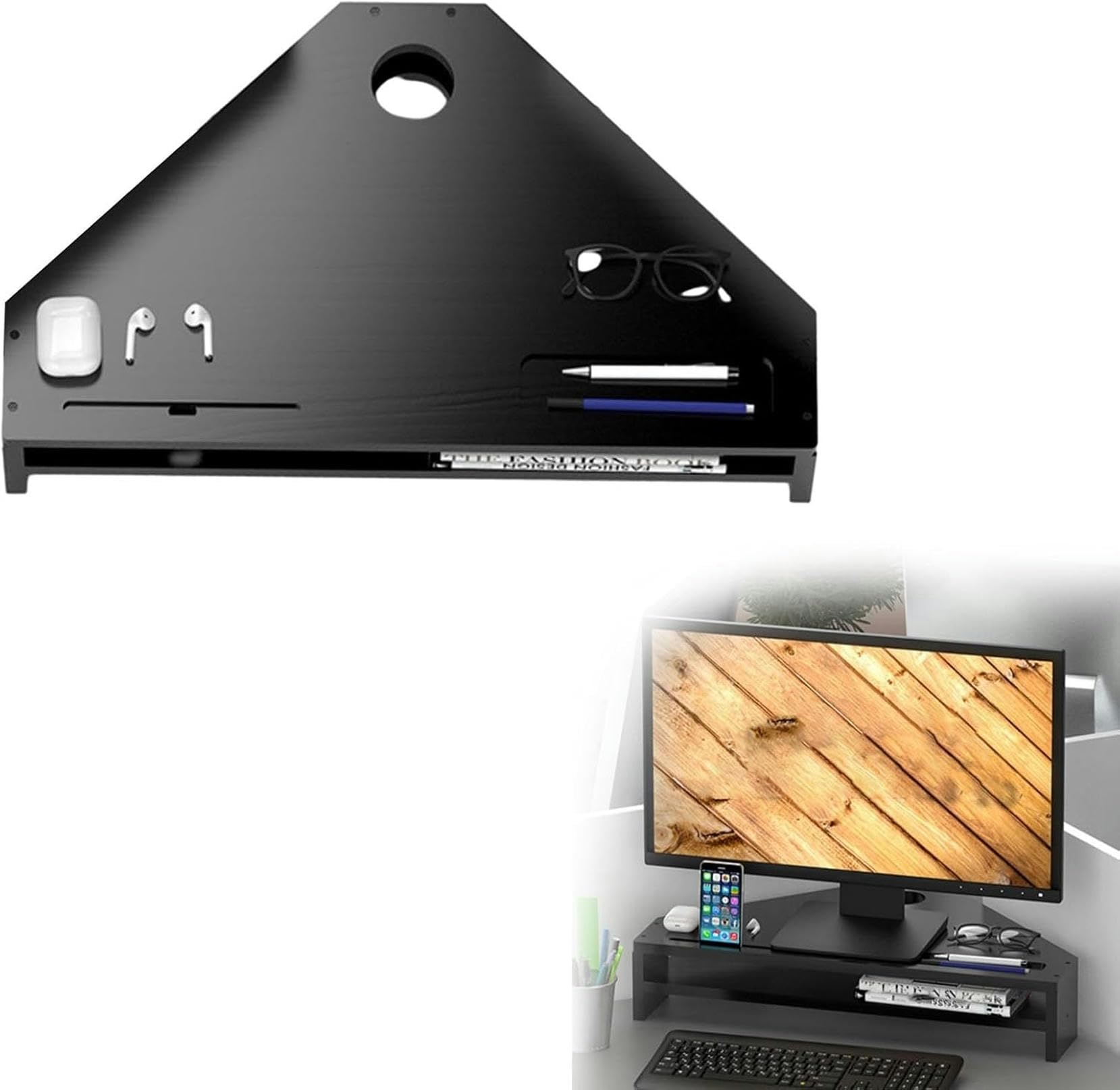 Réhausseur écran bois haut de gamme, support moniteur d'angle noir à colonnes robustes