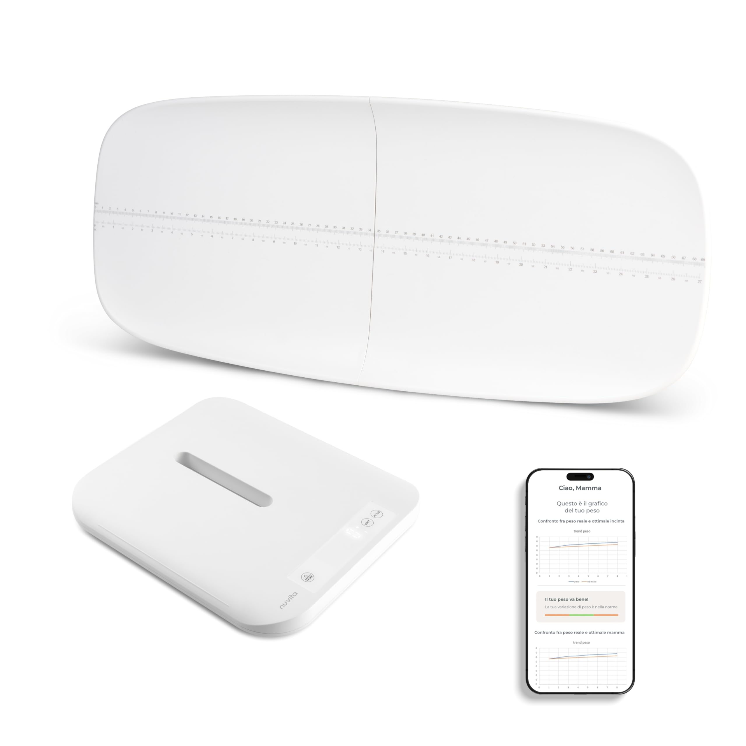 Nuvita 1330 PrimiPesi Bilancia Bluetooth Smart Mamma & Bambino - Controllo della Crescita e del Peso con AI per Madre e Figlio, Design Moderno e Portatile, compatibile con App Nuvita Baby