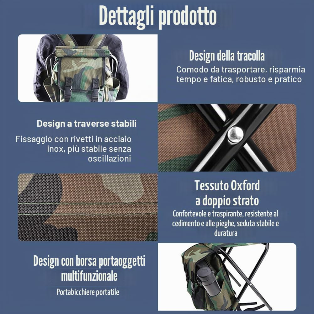 Sgabelli da Campeggio Pieghevoli per Esterni, Sedia da Campeggio Portatile in Tessuto Oxford con Zaino Carico Massimo 100kg per Pesca, Campeggio, Picnic, Barbecue, Mimetico