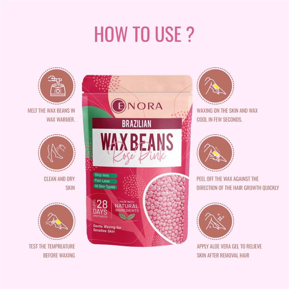 Image of ENORA Brazilian Stripless Wax Beans for Women (350g) | With Wooden Spatula | Natural | For Face, Chin, Hairline, Bikini Area & Full Body Hair Removal (350 Gram, Rose Pink)