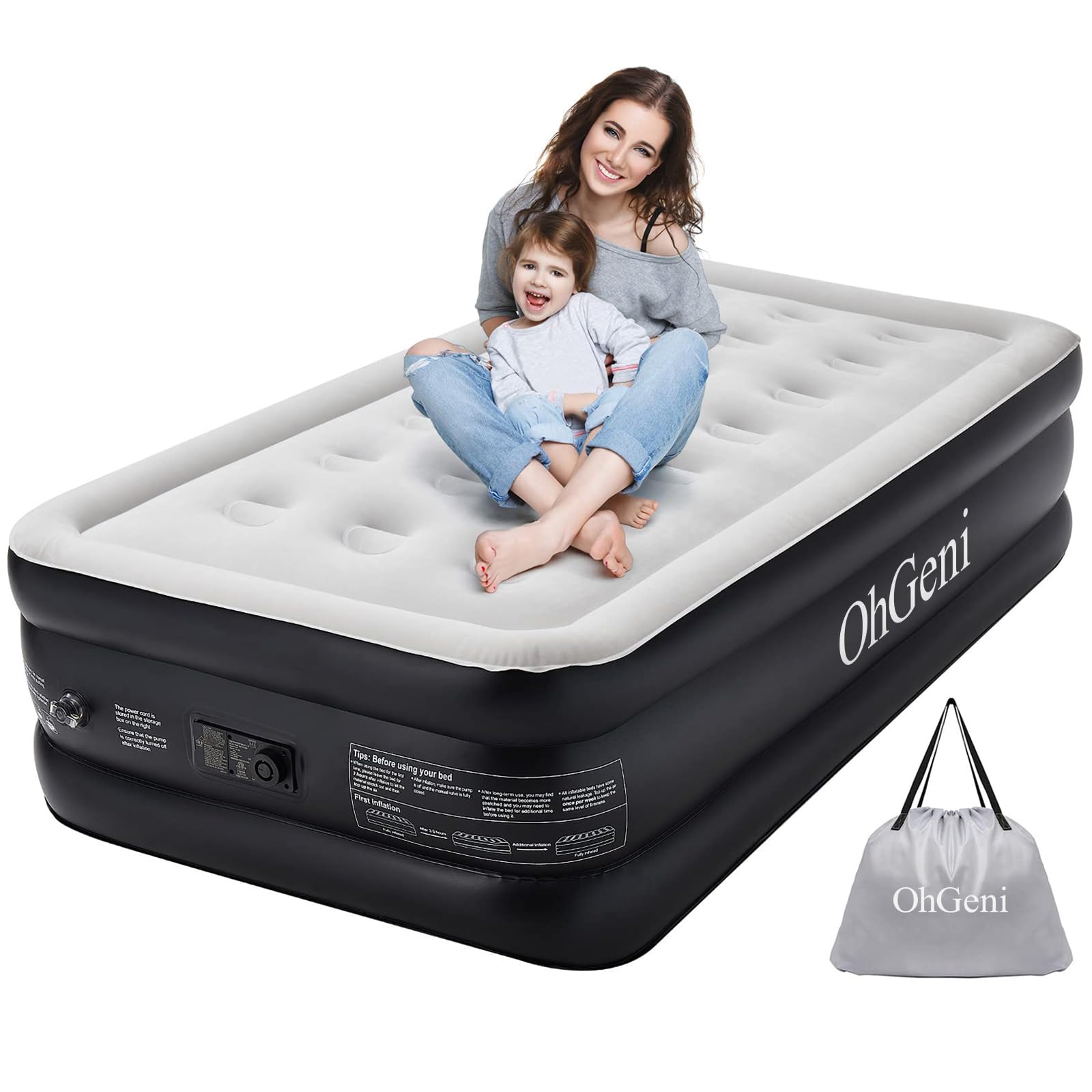 OhGeni Twin Air Mattress with Built-in Pump for Guest, 18" Tall Inflatable Blow Up Air Bed with Carrying Bag for Camping, Raised Elevated Double High Airbed, Foldable & Portable Air Mattresses