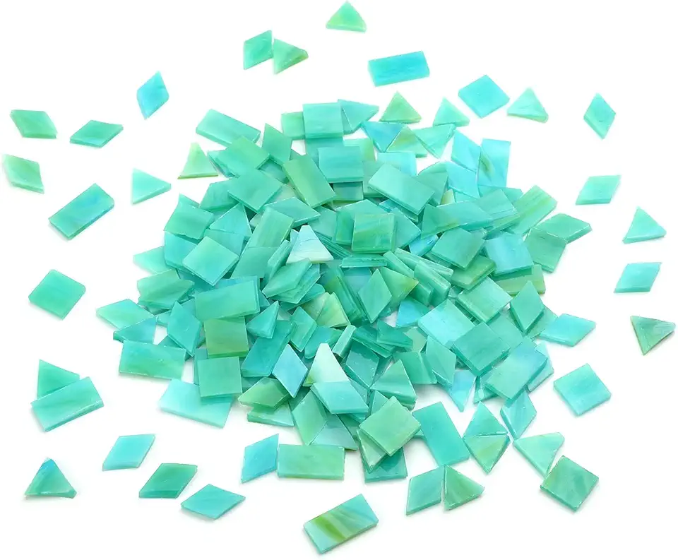 Lanyani 200 peças de mosaico de vidro para artesanato, 4 formas misturadas coloridas Tiffany peças de vitral, quadrado/retângulo/diamante/triângulo, verde oceano