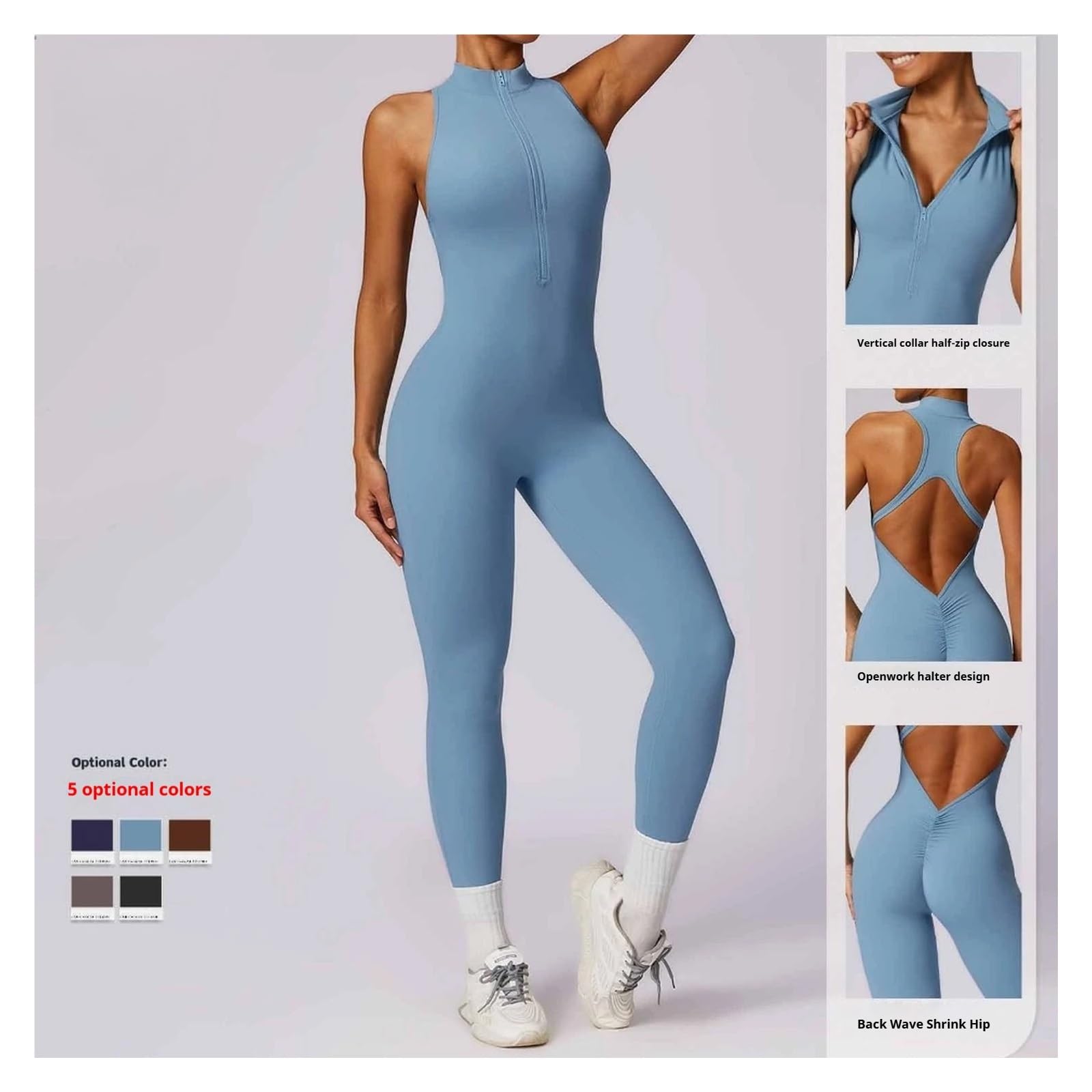Tuta da yoga con schiena scoperta Tuta sportiva da yoga con cerniera ad asciugatura rapida color carne, for allenamento fitness intenso per fitness