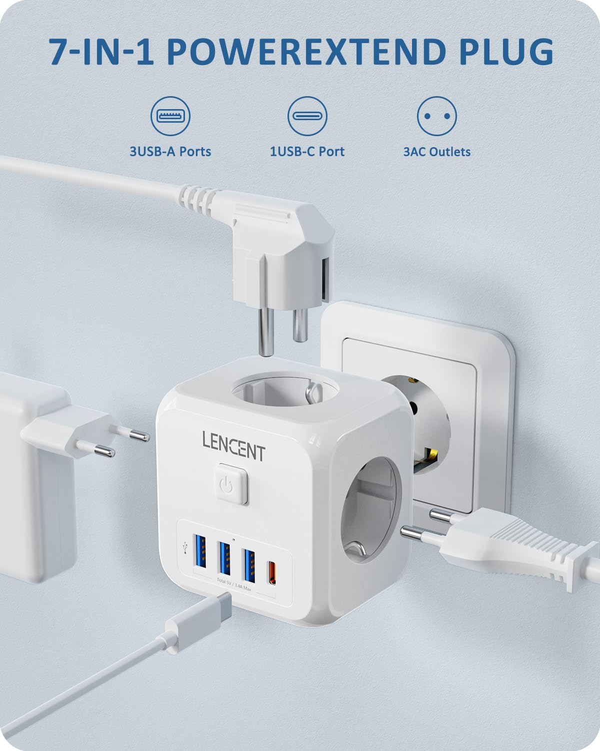 LENCENT Cubo Enchufe USB 7 en 1, Ladron Enchufes 4000W, Triple Múltiples Pared con 3 Tomas de CA, 3 USB-A, 1 Tipo C y Interruptor, Cargador Regleta Pared para Oficina, Cocina y Habitación