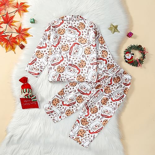 BULINGNA Kids Toddler Girl Boy Christmas Two Piece Pajamas Set Santa Claus Cookie Satin Pajamas Top with Pants Xmas Sleepwear2