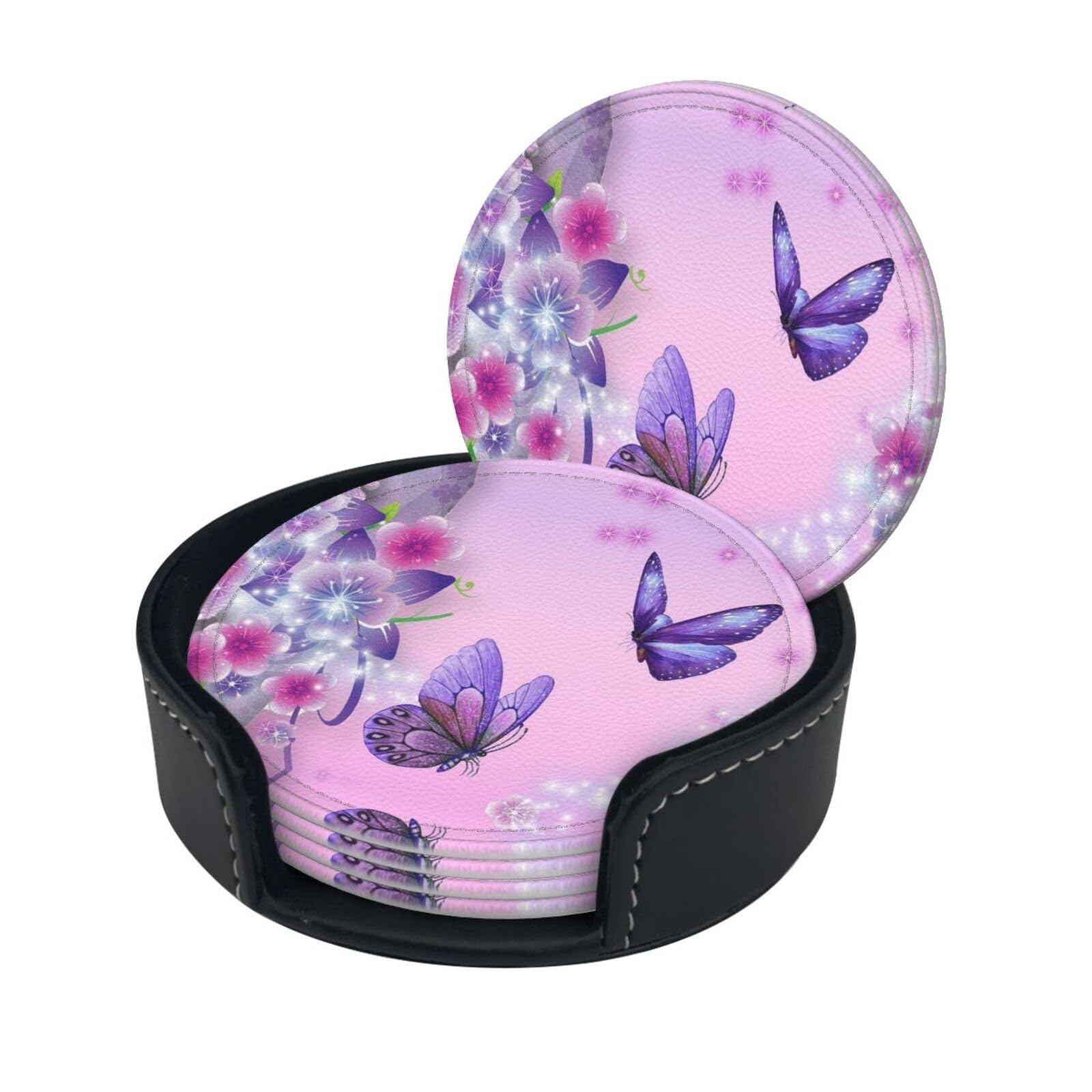Pink Butterfly Print Round Leather Coasters - Set Of 6, Ultra-Fiber Pu Leather