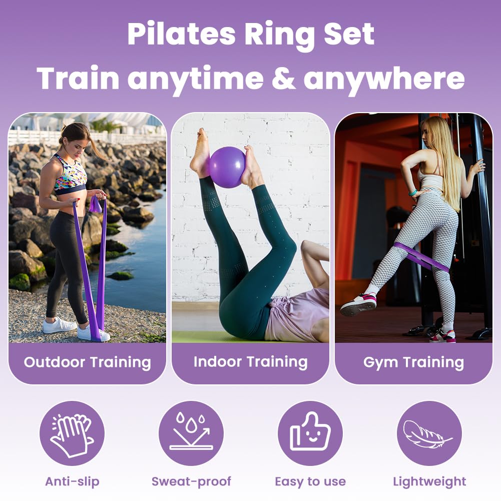 Zestaw pierścieni do pilatesu, 15''/38cm Magic Circle z podwójnymi uchwytami, 6-częściowy zestaw niezbędnych akcesoriów do pilatesu zawierający lateksową taśmę oporową, piłkę do jogi, elastyczny