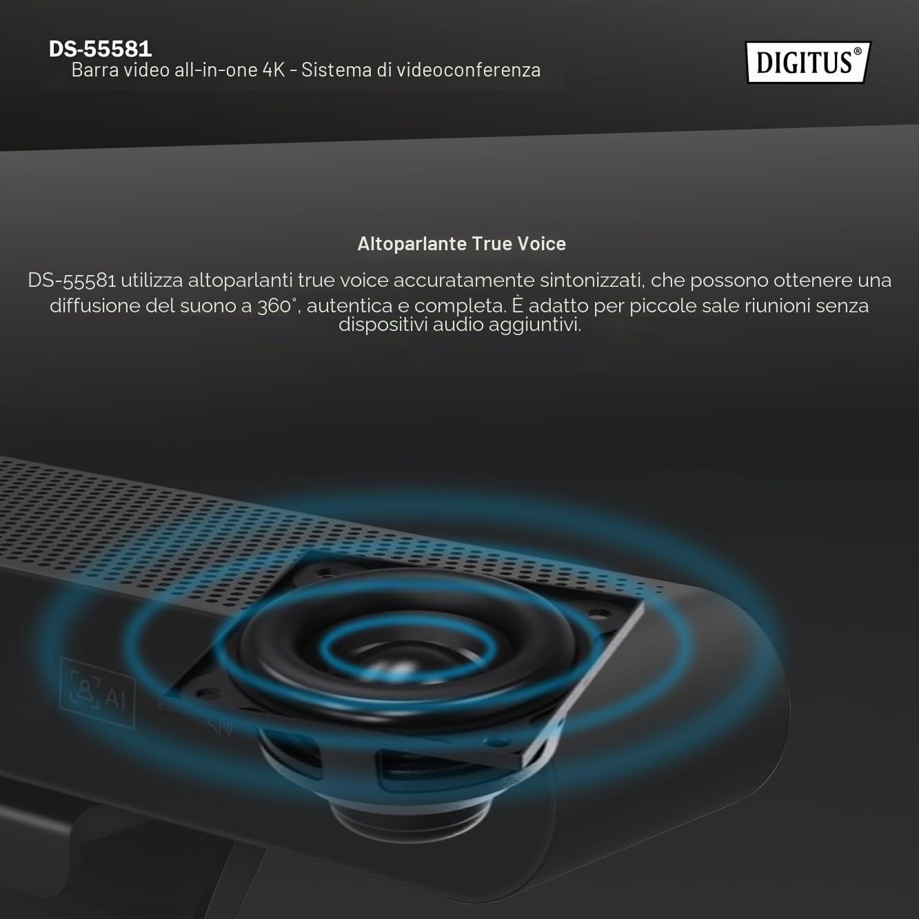 DIGITUS DS-55581 Video Bar Mini, Sistema di videoconferenza - Webcam 4K UHD 30 Hz ePTZ - 2 microfoni interni - altoparlante interno 2 W - messa a fuoco e zoom automatici, cancellazione dell'eco