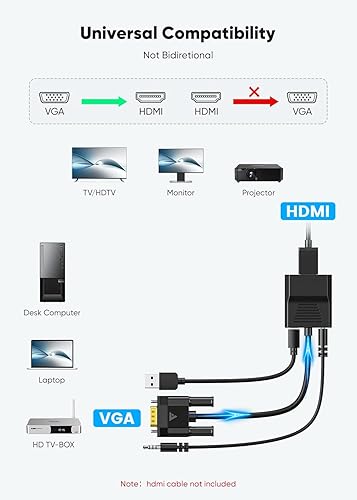 Miniatura 10 de Adaptador VGA a HDMI con audio (salida de fuente VGA de PC a TVmonitor con conector HDMI), FOINNEX 1080P macho VGA a hembra cable HDMI para