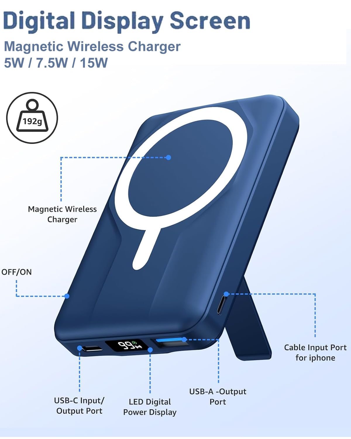 Azmuth Batterie Externe Magnétique Compatible avec MagSafe, 10000mAh Chargeur Portable sans Fil Power Bank Rapide 20W PD USB-C, avec Support & Affichage LED, pour iPhone 17/16/15/14/13/12 Série, Bleu