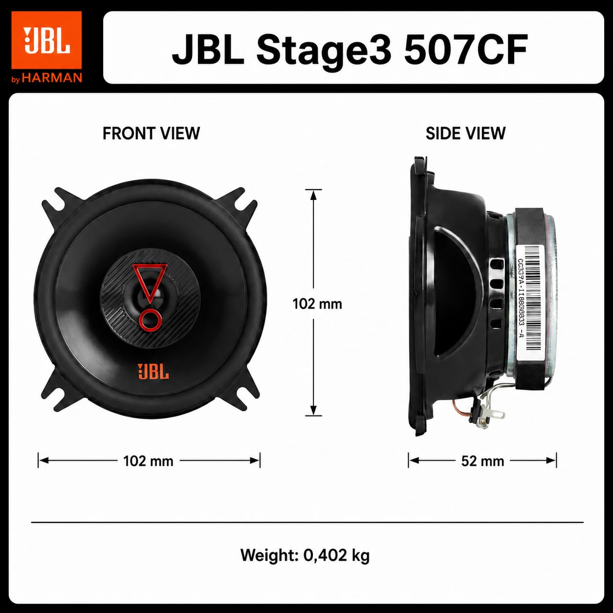 JBL Stage3 507CF sistema di altoparlanti componenti auto 2 vie 13 cm con 45 W RMS e 270 W Max, sensibilità 90 dB, 3 Ohm, woofer Plus One, tweeter edge-driven e crossover esterni