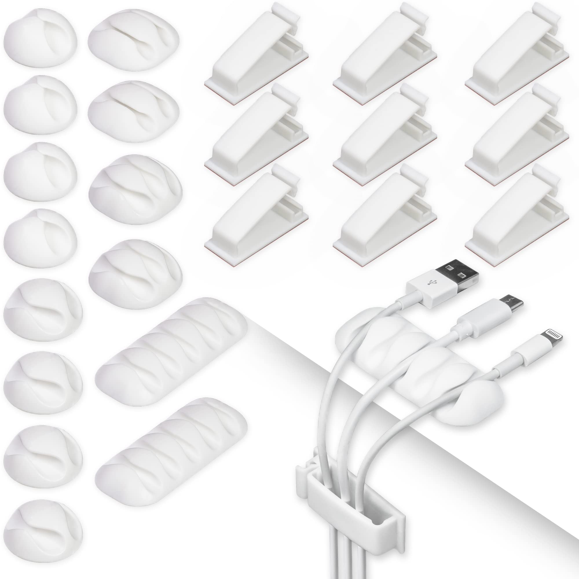 64 Pieces Cable Clips Kit Including 50Pcs Strong Self-Adhesive Organizer Clips and 14Pcs Desk Clips Set, Multipurpose Wire Management Clamps for Tablet Laptop Computer TV Home Office Car (White)
