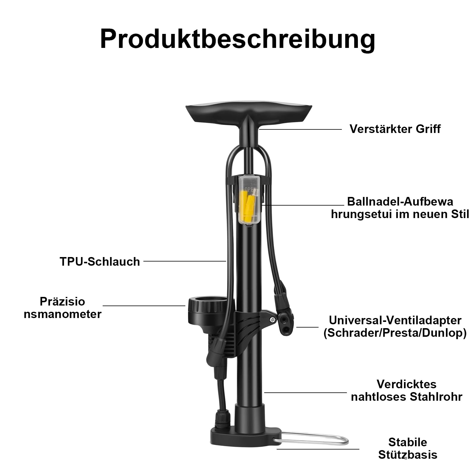 Fahrradpumpe für Alle Ventile – Luftpumpe mit Manometer (160 PSI) für Presta- & Schrader-Ventile, Robuste Bauweise für Einfache Handhabung, Fahrrad zubehör Pumpe Luft Standpumpe für Ball