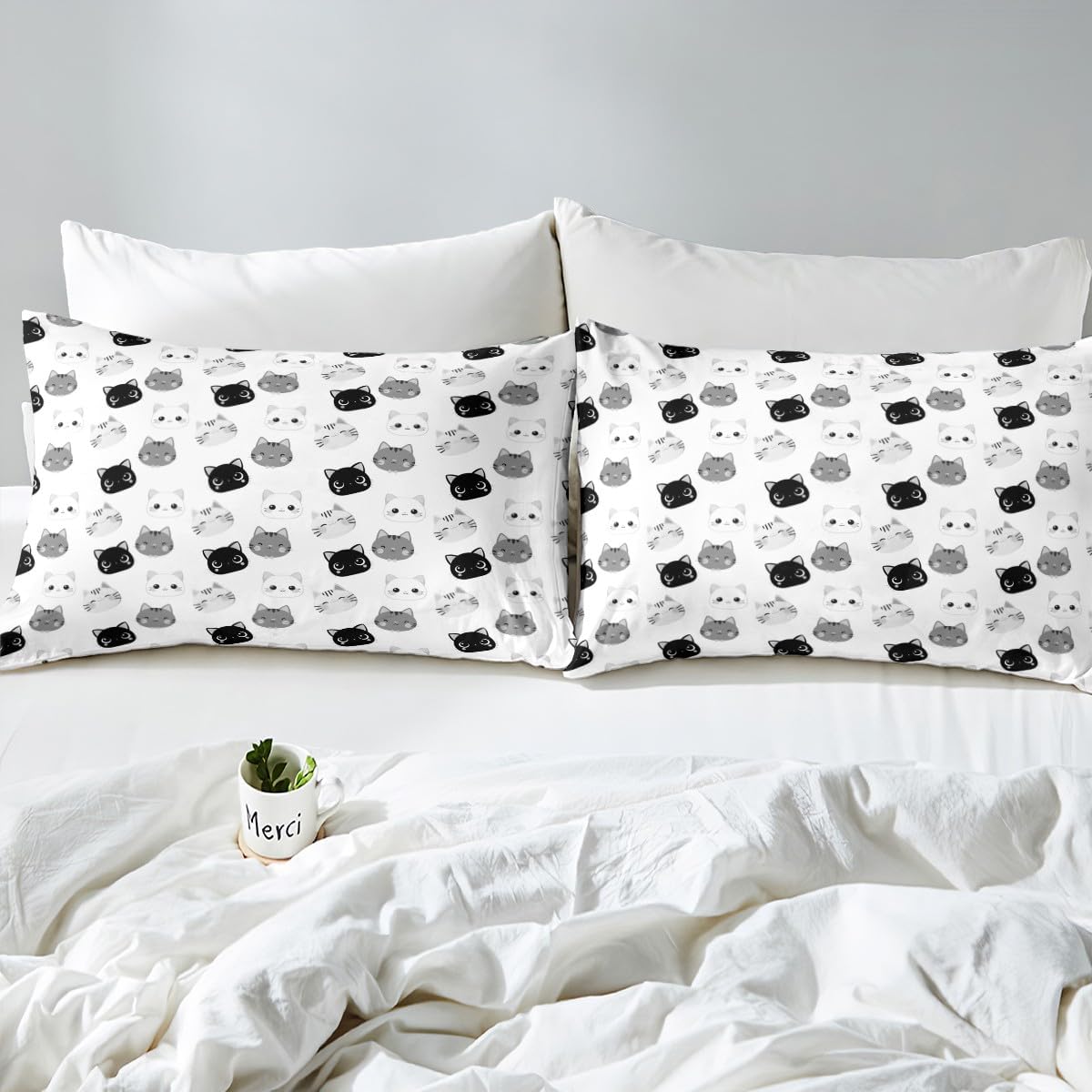 Cute Cat Bedding Set Toddler Size,Black White Grey Cat Duvet Cover Set for Kids Boys Girls Teens Room Decor,Cartoon Pet Animals Comforter Cover Geometric Symbols Reversible Quilt Cover,1 Pillowcase