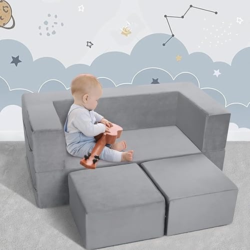 Miniatura 6 de MeMoreCool Sofá modular para niños, sofá convertible suave para niños, silla de espuma de felpa plegable gris para diversión en la sala de juegos de
