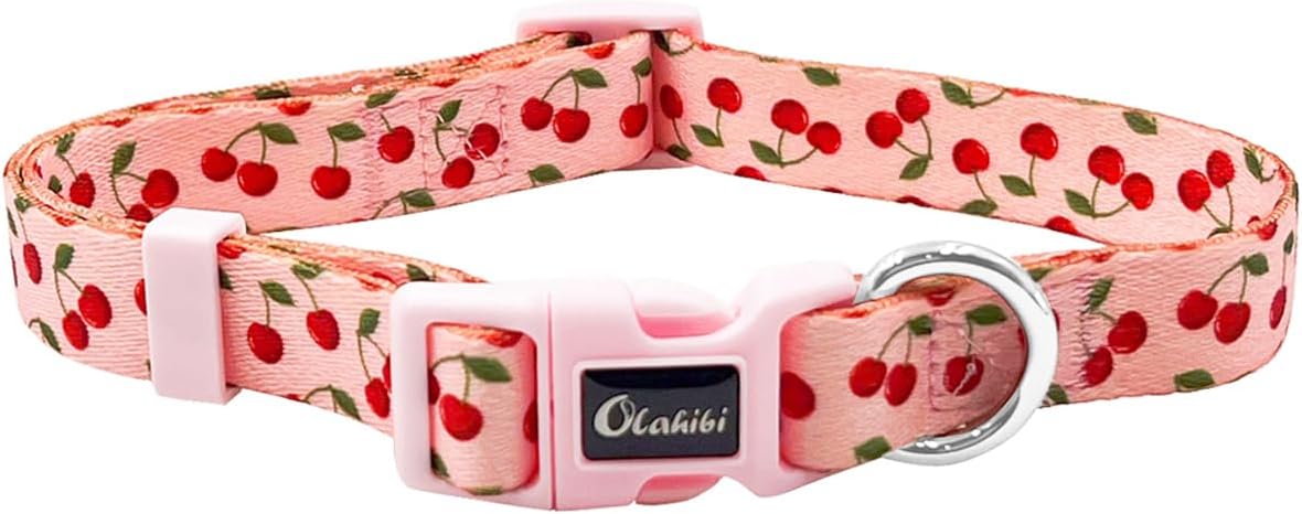 Basic Dog Collar, Cherry Fruit Pattern Soft and Durable Polyester Material, Adjustable Length, for Puppy Dogs.(Extra Small, Pink Cherry)