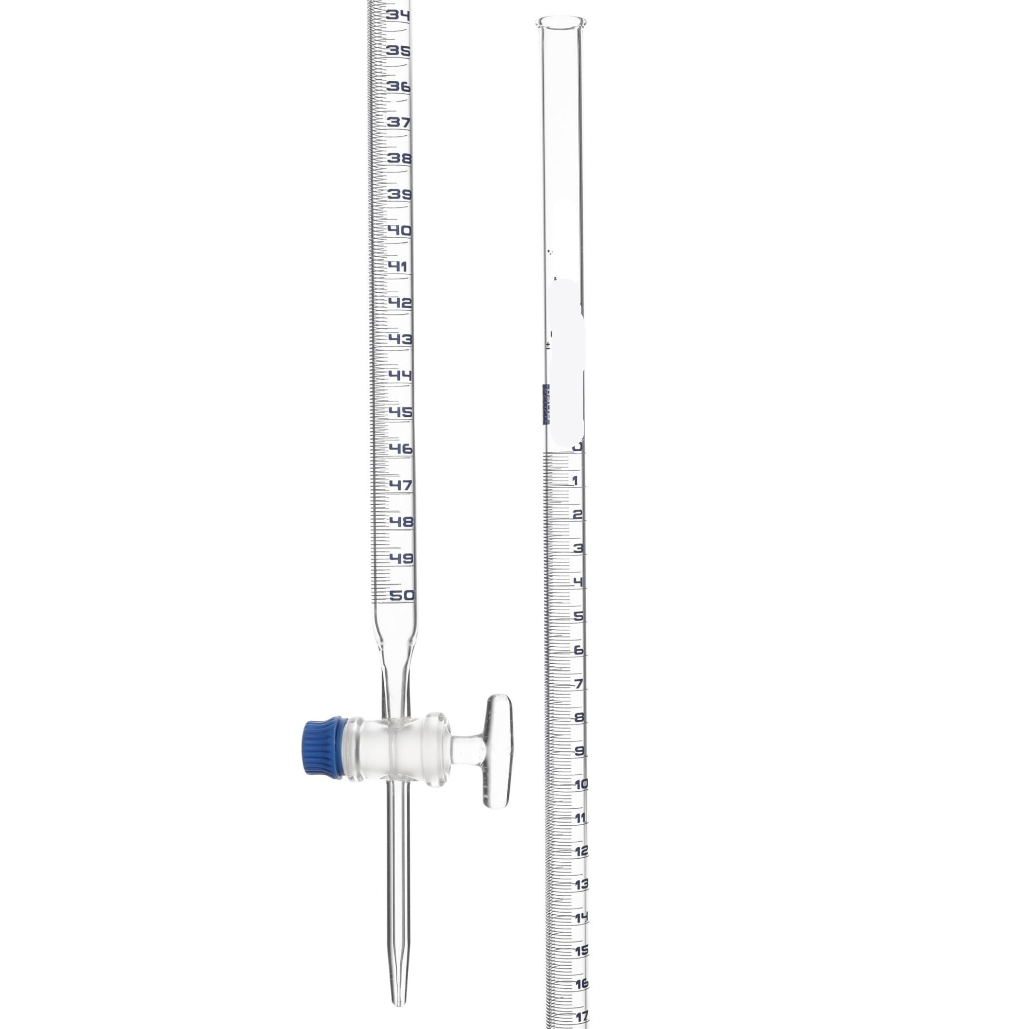 Bureta de vidrio borosilicato Clase A, 50mL con graduaciones 0.1mL, tolerancia 0.05mL, llave de vidrio, altura 77.5cm