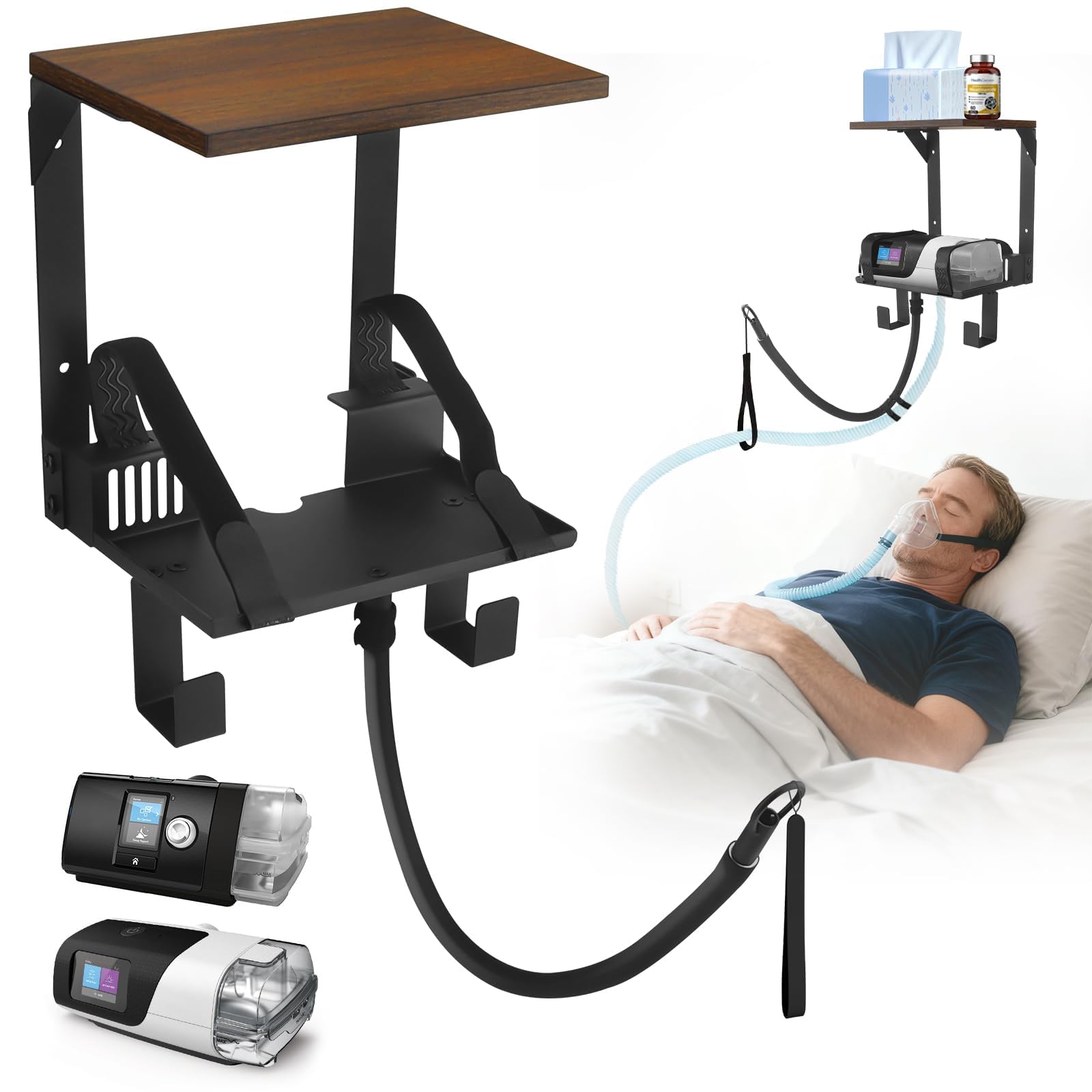 Upgrade CPAP Wandhalterung für ResMed AirSense 10 & 11 | 2-Ebenen-Organizer mit Schlauchhalter & Maskenhaken | Platzsparende Nachttisch-Alternative