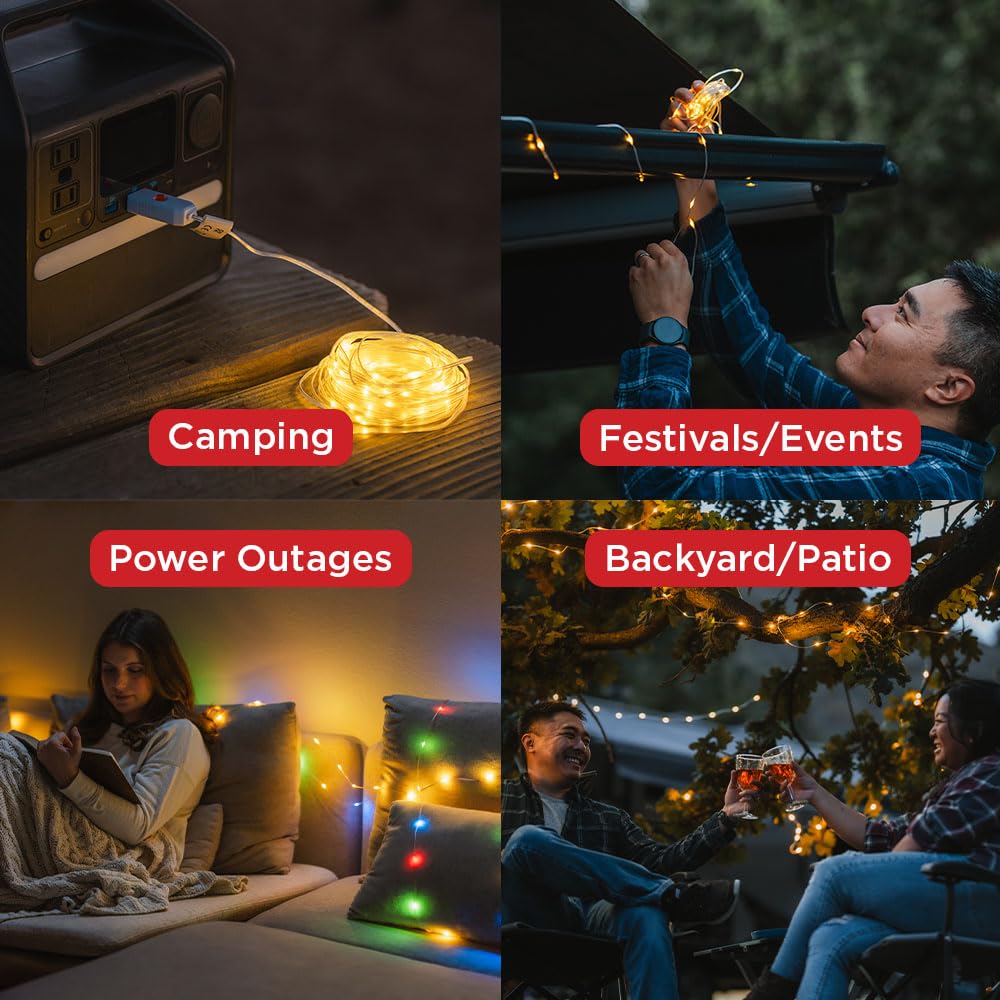 LuminAID Łańcuch świetlny LED, 2 sztuki, 9,8 m, ze 100 żarówkami LED na sznurek, ciepła biel i wielokolorowe z 8 trybami, idealne na kemping, podwórko, patio, do wewnątrz, na Boże Narodzenie