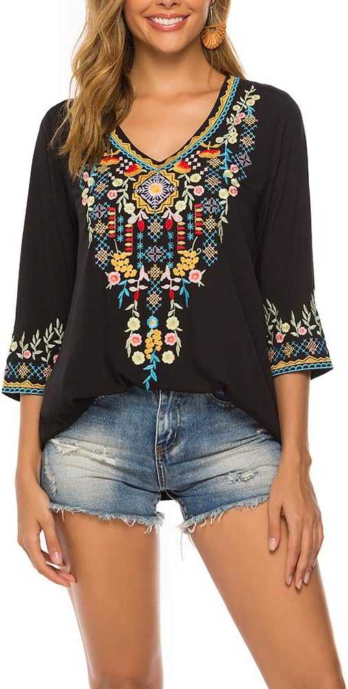 Tops bordados AK para mujer, mangas 3/4, camisas mexicanas