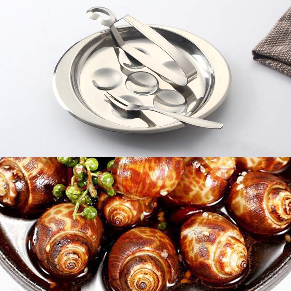 1 Set di Escargot Piatto 6 Fori in Acciaio Inox Lumaca Scargot Piatto con Scargot Tong e Escargot Fork per Ristorante